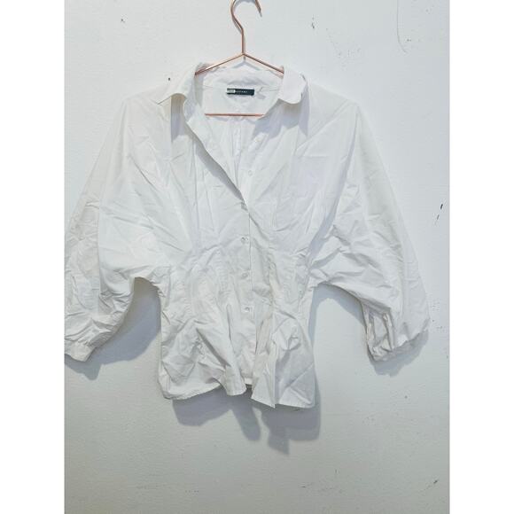 NATORI White Peplum Hem Voluminous Sleeves Techno Polplin Blouse Top Size 4 - Picture 4 of 11